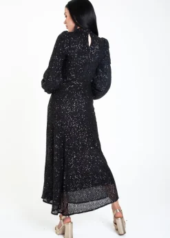 Gini London Black Sequin High Neck Occassion Midi Dress