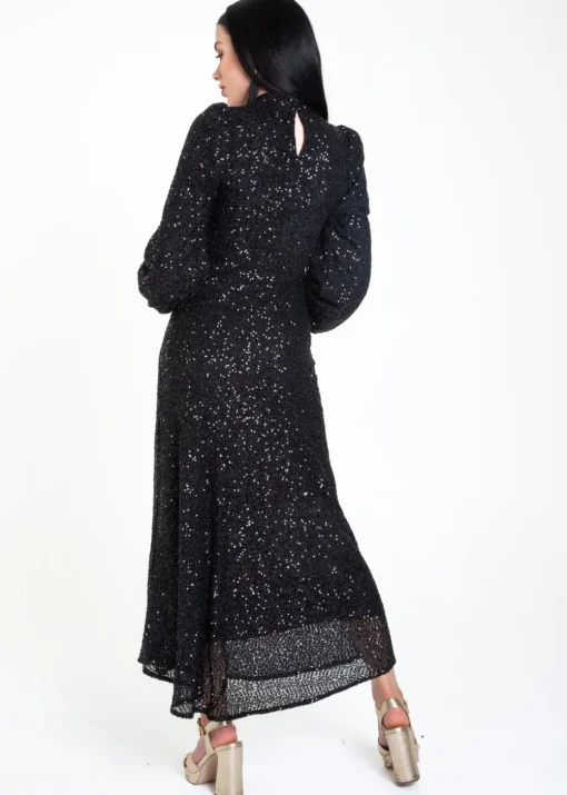 Gini London Black Sequin High Neck Occassion Midi Dress