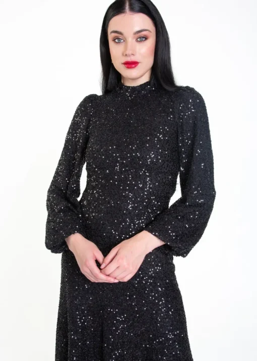 Gini London Black Sequin High Neck Occassion Midi Dress