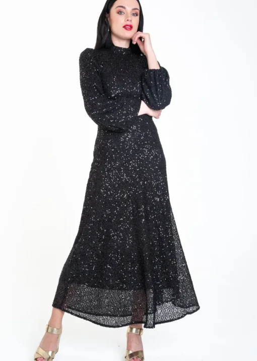 Gini London Black Sequin High Neck Occassion Midi Dress