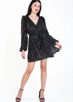 Gini London Black Sequin V Neck Belted Mini Dress