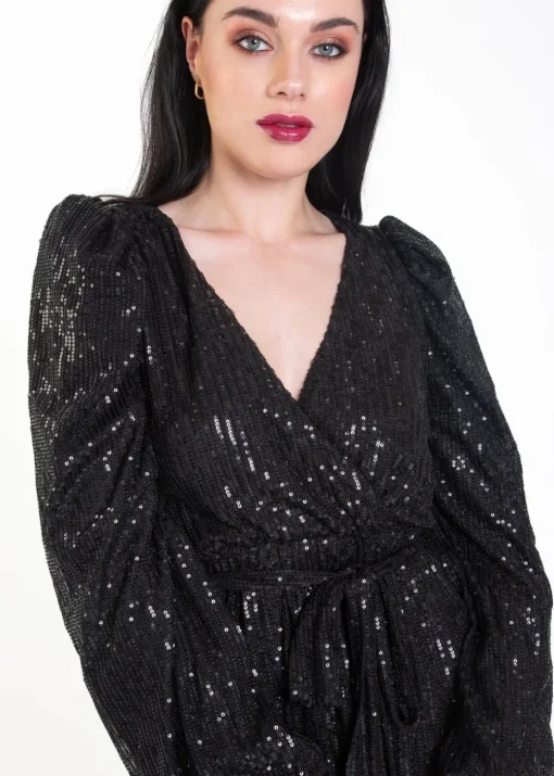 Gini London Black Sequin V Neck Belted Mini Dress