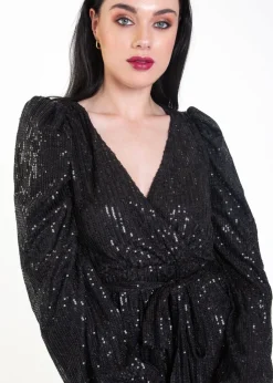 Gini London Black Sequin V Neck Belted Mini Dress
