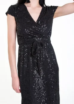 Gini London Black Sequin Belted Midi Wrap Dress