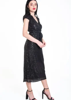 Gini London Black Sequin Belted Midi Wrap Dress