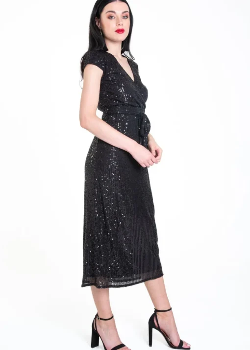 Gini London Black Sequin Belted Midi Wrap Dress