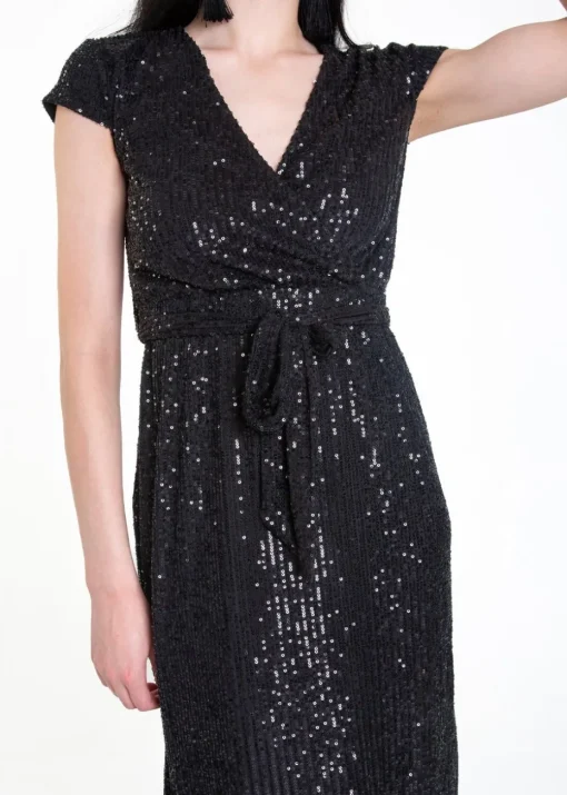 Gini London Black Sequin Belted Midi Wrap Dress
