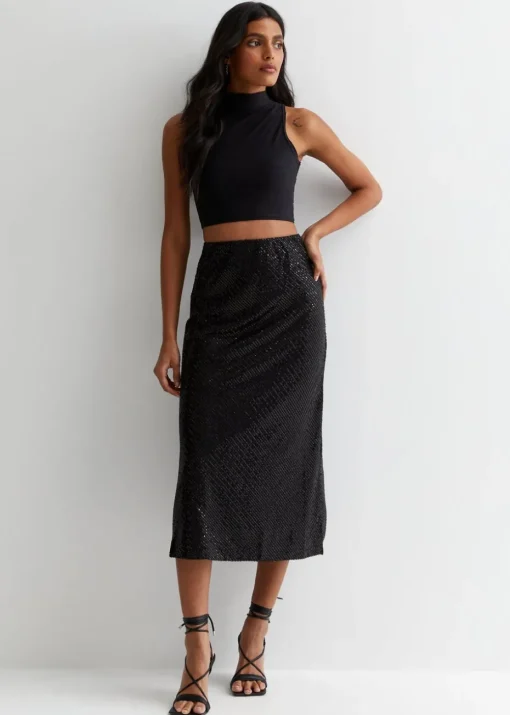 Gini London Black Sequin Bias Midi Skirt