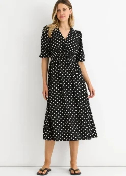 Gini London Black Spot Print Shirred Waist Shift Midi Dress