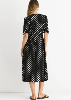 Gini London Black Spot Print Shirred Waist Shift Midi Dress