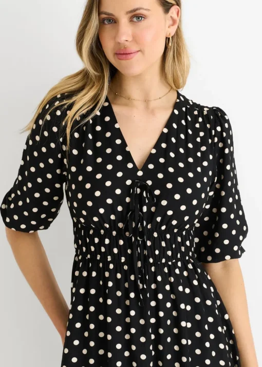 Gini London Black Spot Print Shirred Waist Shift Midi Dress