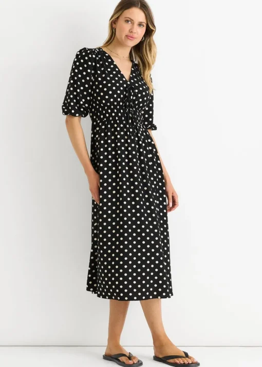 Gini London Black Spot Print Shirred Waist Shift Midi Dress