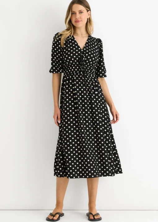 Gini London Black Spot Print Shirred Waist Shift Midi Dress