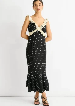 Gini London Black Spot Ruffle Bias Midi dress