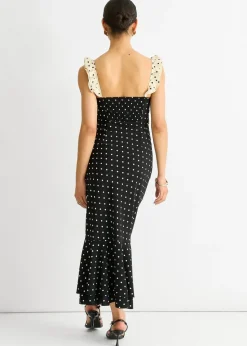 Gini London Black Spot Ruffle Bias Midi dress