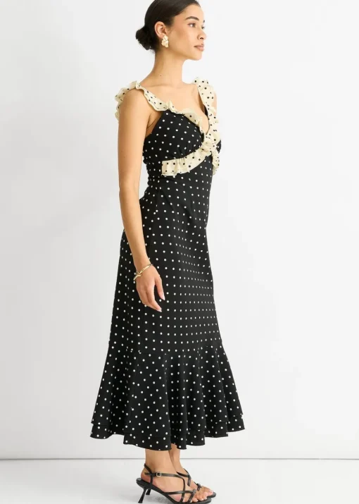 Gini London Black Spot Ruffle Bias Midi dress