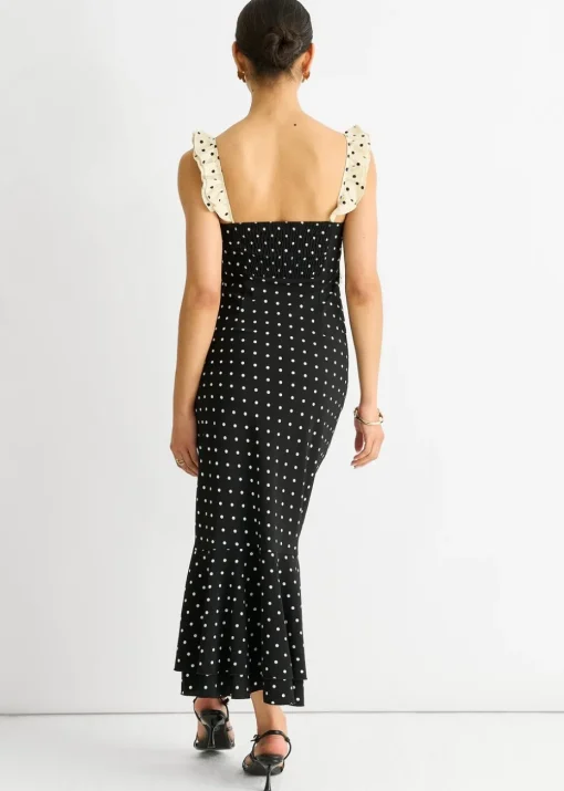 Gini London Black Spot Ruffle Bias Midi dress