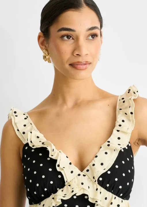 Gini London Black Spot Ruffle Bias Midi dress