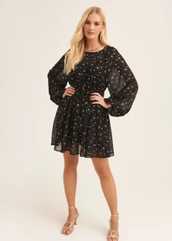 Gini London Black Star Print Long Sleeve Mini Dress
