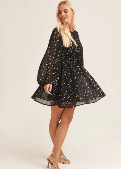 Gini London Black Star Print Long Sleeve Mini Dress
