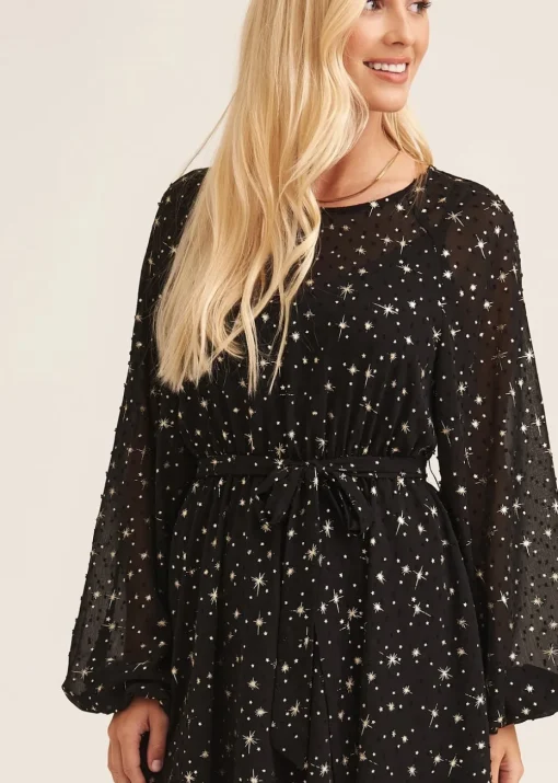 Gini London Black Star Print Long Sleeve Mini Dress