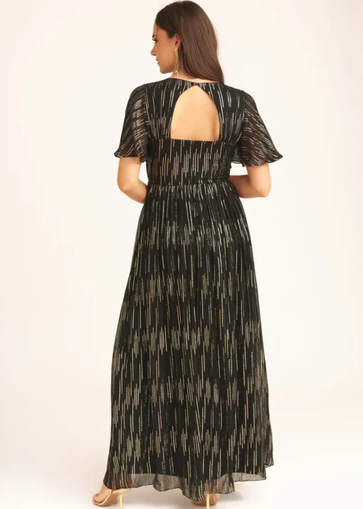 Gini London Black Stripe Foil Angel Sleeves Maxi Dress