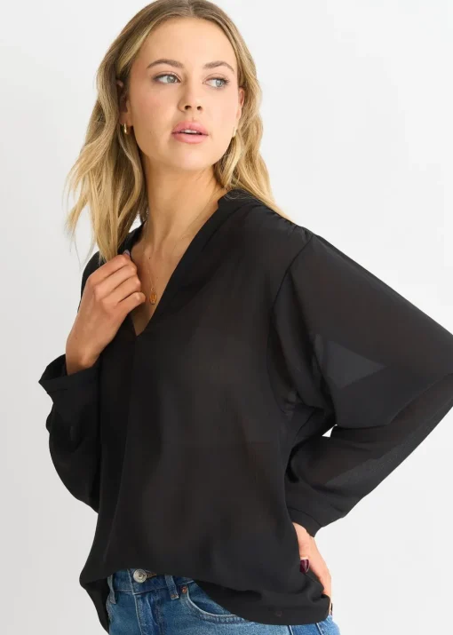 Gini London Black Textured Chiffon Oversized Blouse