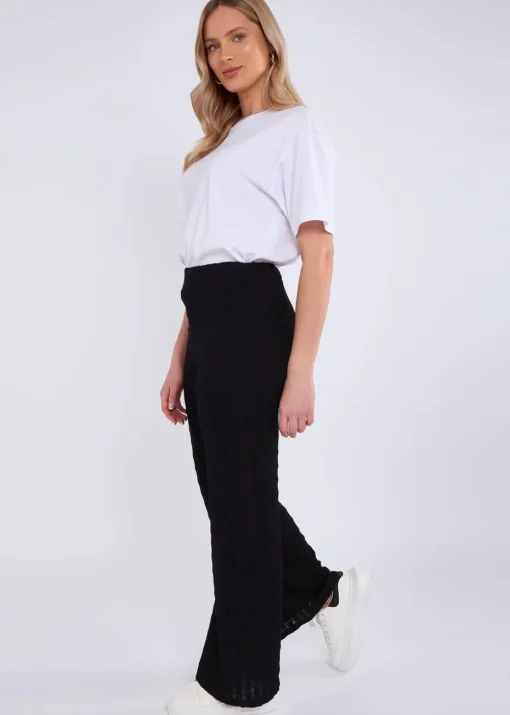 Gini London Black Textured Elasticated Waist Flared Trousers