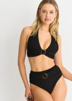 Gini London Black Textured Halter Bikini Top With Ring Belt Detail