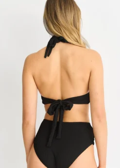 Gini London Black Textured Halter Bikini Top With Ring Belt Detail