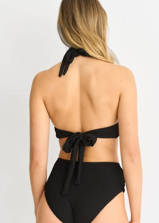 Gini London Black Textured Halter Bikini Top With Ring Belt Detail