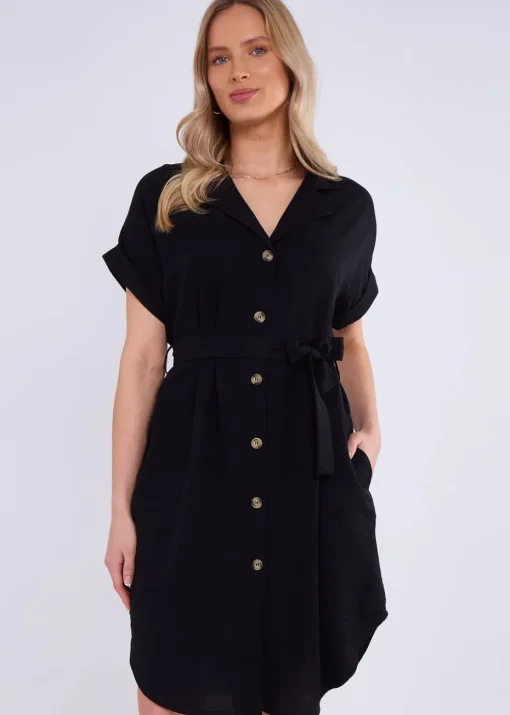 Gini London Black Utility Belted Oversized Viscose Shirt Dress