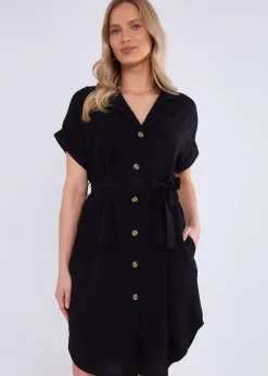 Gini London Black Utility Belted Oversized Viscose Shirt Dress