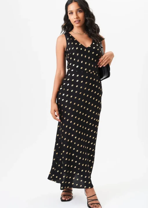 Gini London Black V Neck Bias Foil Satin Slip Midi Dress