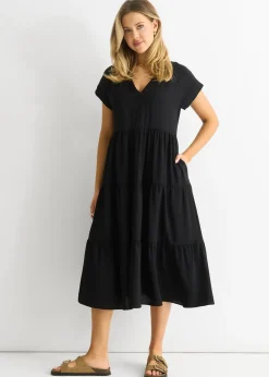 Gini London Black V Neck Pocket Smock Midi Dress