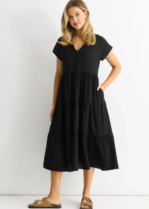 Gini London Black V Neck Pocket Smock Midi Dress