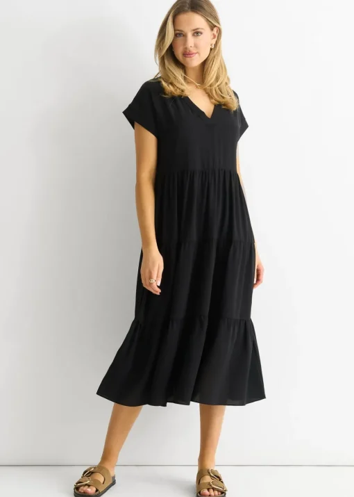 Gini London Black V Neck Pocket Smock Midi Dress