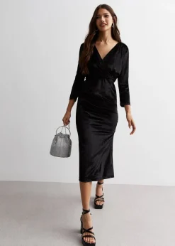 Gini London Black Velvet Wrap Top Skater Midi Dress