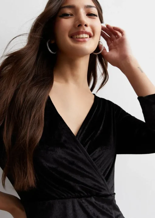 Gini London Black Velvet Wrap Top Skater Midi Dress