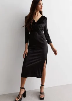 Gini London Black Velvet Wrap Top Skater Midi Dress