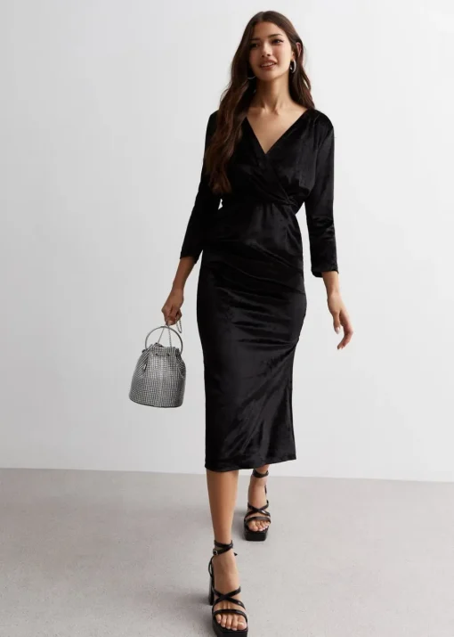 Gini London Black Velvet Wrap Top Skater Midi Dress