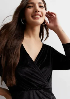 Gini London Black Velvet Wrap Top Skater Midi Dress