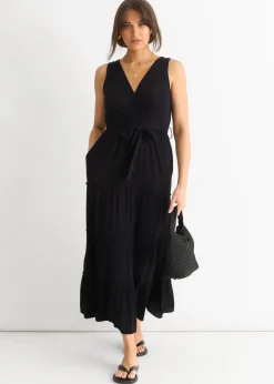 Gini London Black Viscose Wrap Tiered Maxi Dress
