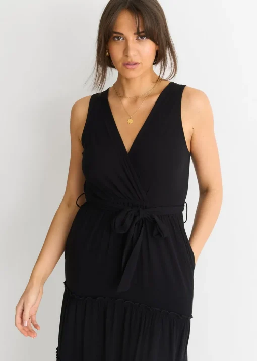 Gini London Black Viscose Wrap Tiered Maxi Dress