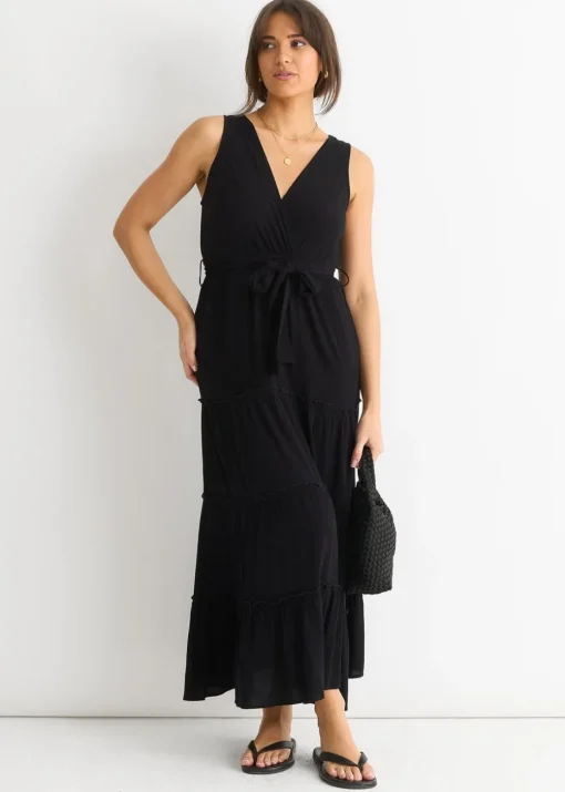 Gini London Black Viscose Wrap Tiered Maxi Dress