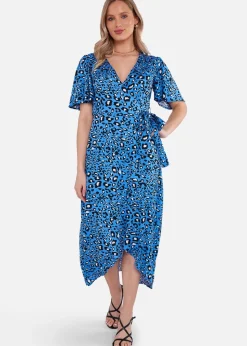 Gini London Blue Animal Print Viscose Wrap Midi Dress