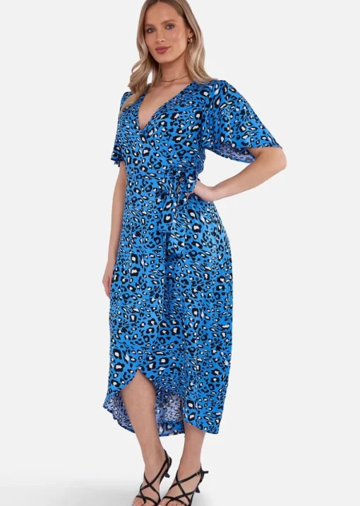 Gini London Blue Animal Print Viscose Wrap Midi Dress