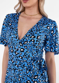 Gini London Blue Animal Print Viscose Wrap Midi Dress