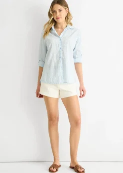 Gini London Blue Cotton Stripe Roll Up Sleeves Shirt