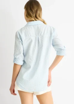 Gini London Blue Cotton Stripe Roll Up Sleeves Shirt